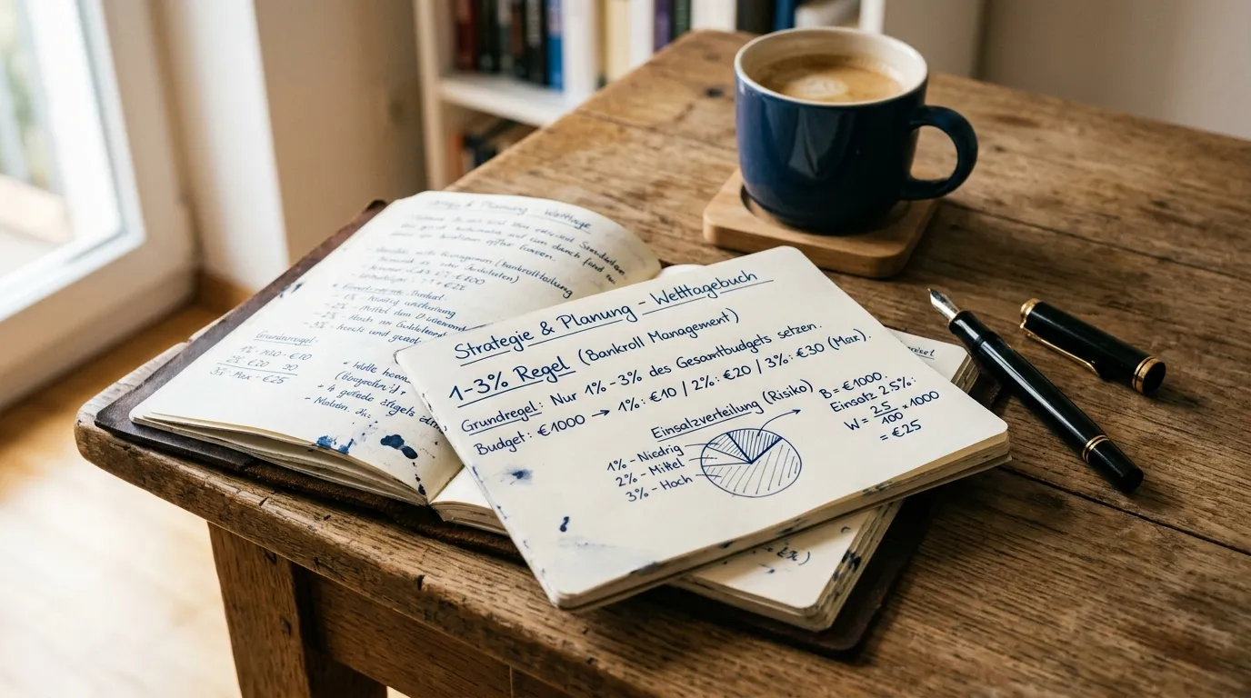Bankroll Management – Notizbuch mit Wettstrategie und prozentuale Einsatzplanung