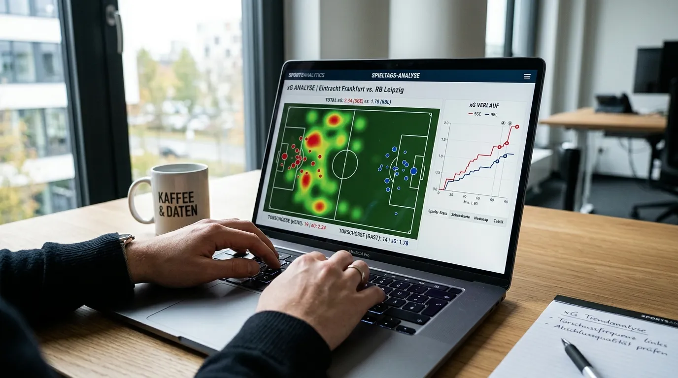 Expected Goals Visualisierung – xG-Analyse auf einem Laptop mit Fußballfeld-Grafik
