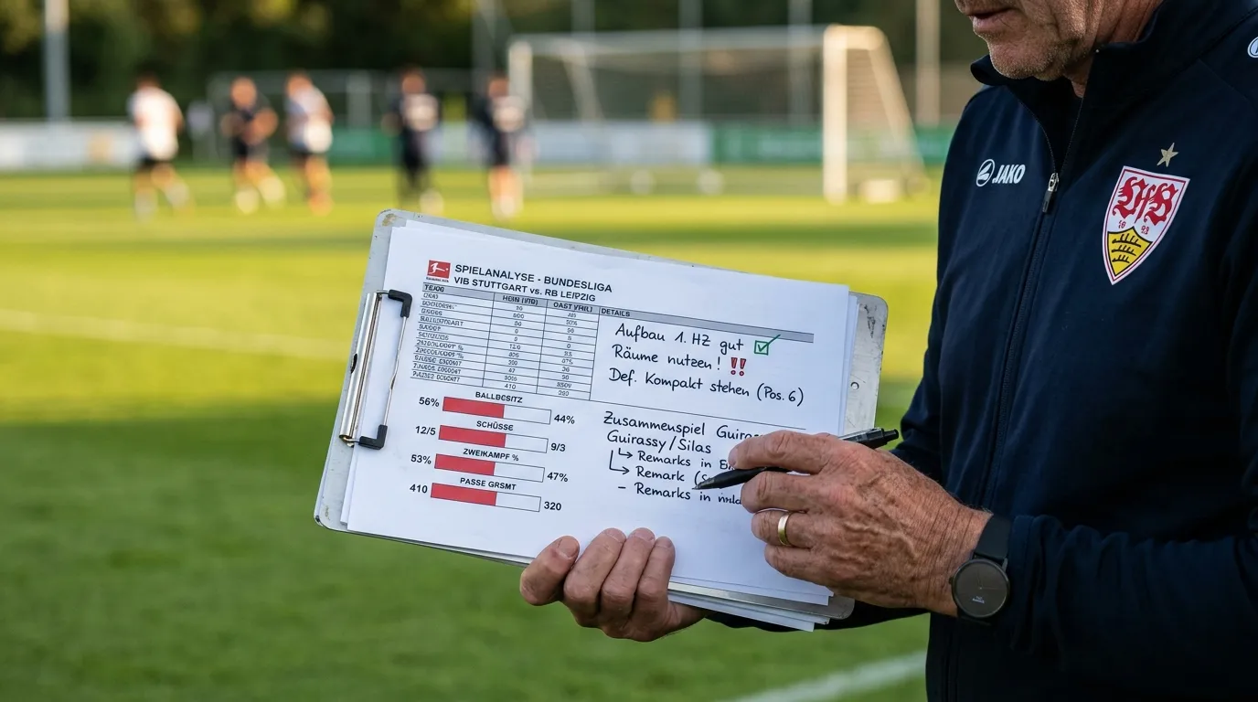 Fußball-Analyse – Trainer studiert Formular mit Spielerstatistiken und Heimvorteil-Daten