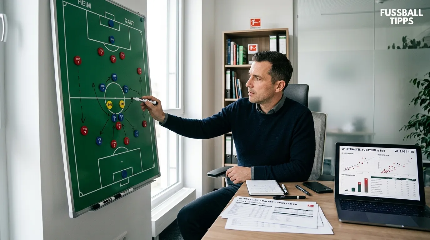 Fußball Tipps – Analyst vor Taktiktafel mit Bundesliga-Spielfeld im Fokus